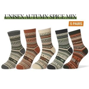 Autumn Spice Retro Socks 5pc Pack Warm NEW Casual‎ Unisex Knit Anti-Slip Elastic